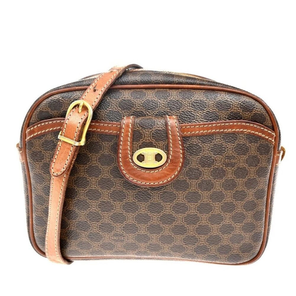 CELINE Logo Macadam Pattern Shoulder Bag PVC Leather Brown